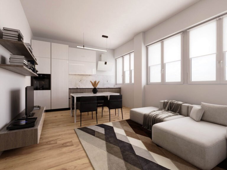 render quadrilocale Bologna zona giorno con soggiorno e cucina