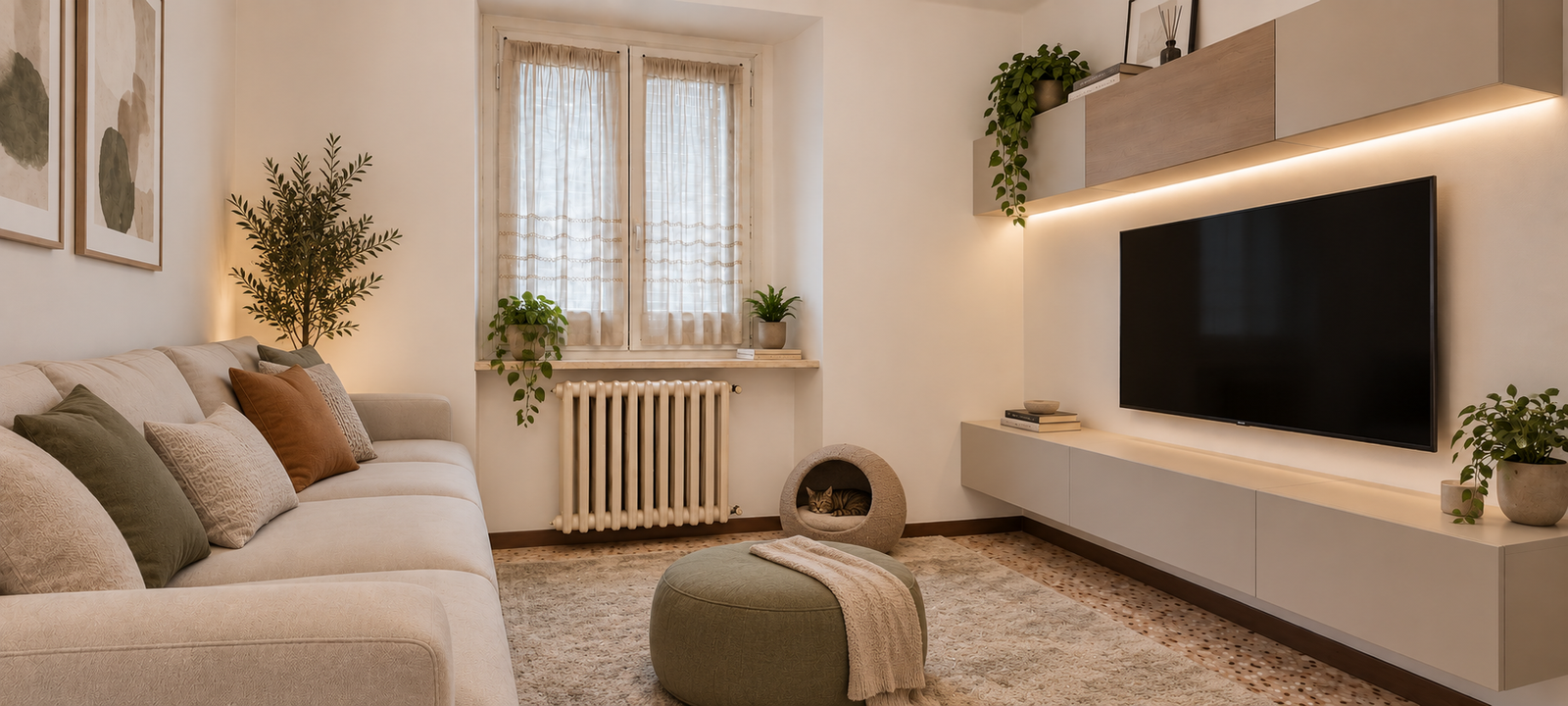 Soggiorno minimalista con gatto addormentato